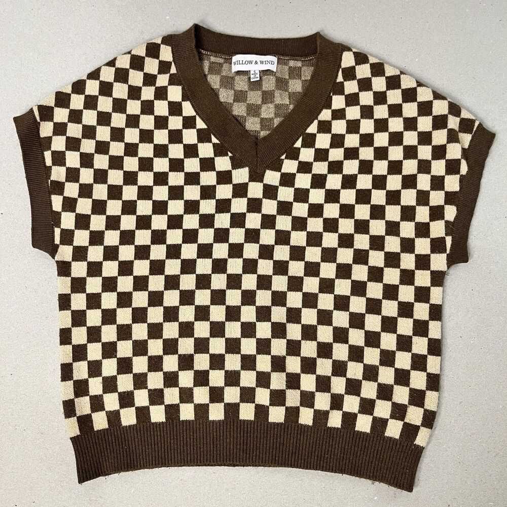 Willow & Wind Sweater Vest Womens Small Brown Beige Checkerboard V Neck Knit